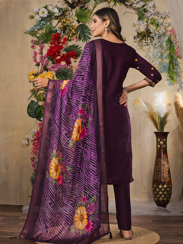 Wine Roman Silk Embroidered With Hand Work Suit Set