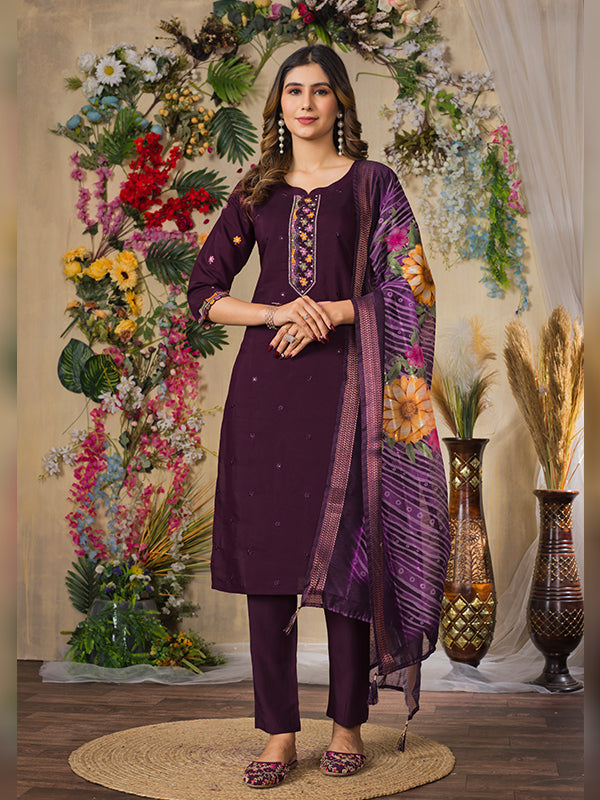 Wine Roman Silk Embroidered With Hand Work Suit Set
