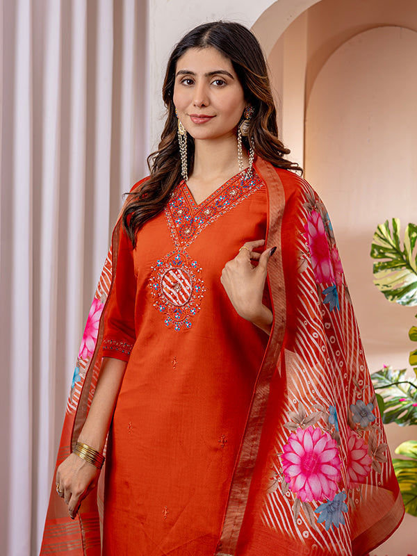 Orange Viscose Silk Embroidered With Hand Work Suit Set