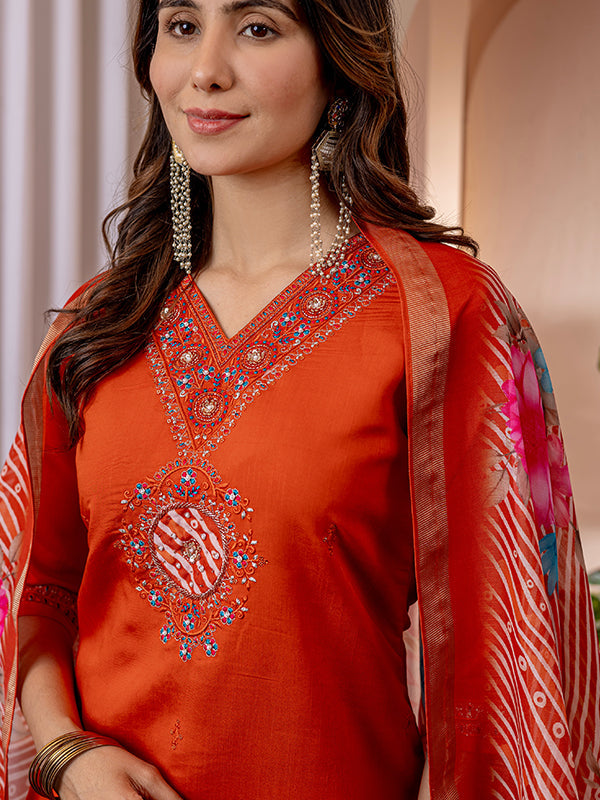Orange Viscose Silk Embroidered With Hand Work Suit Set