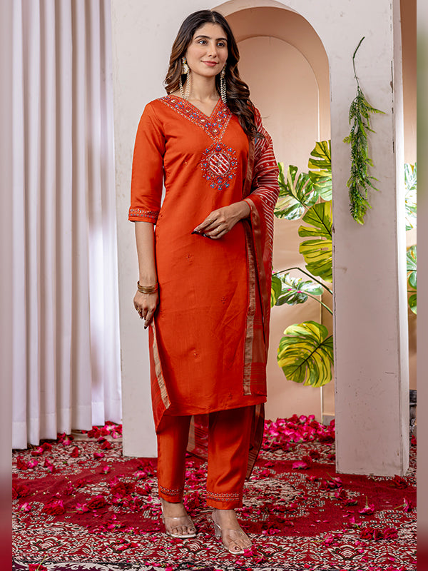 Orange Viscose Silk Embroidered With Hand Work Suit Set