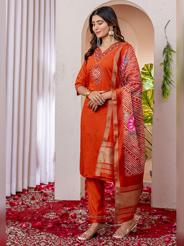 Orange Viscose Silk Embroidered With Hand Work Suit Set