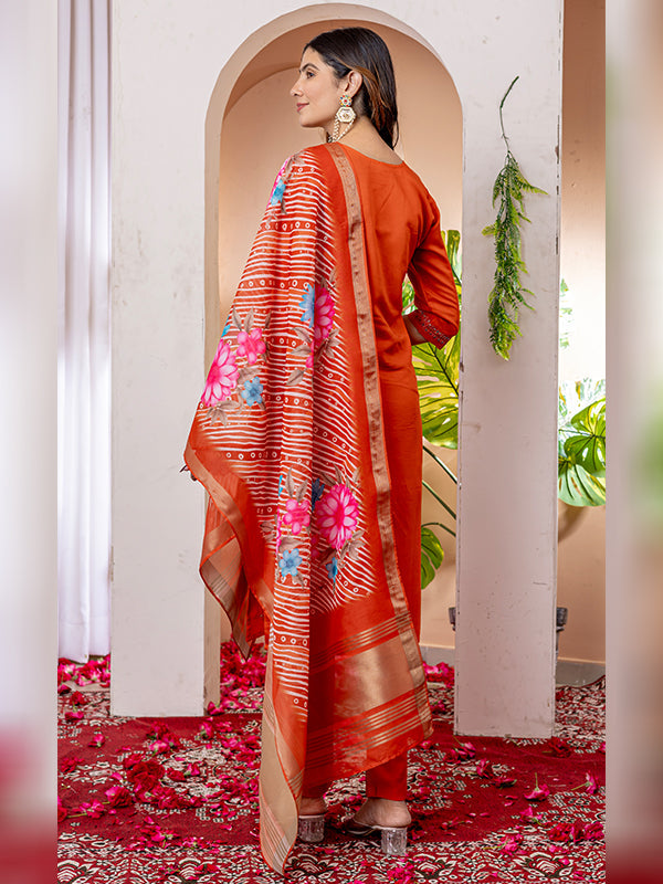 Orange Viscose Silk Embroidered With Hand Work Suit Set
