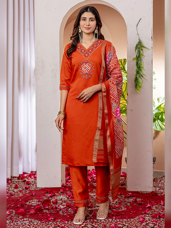 Orange Viscose Silk Embroidered With Hand Work Suit Set
