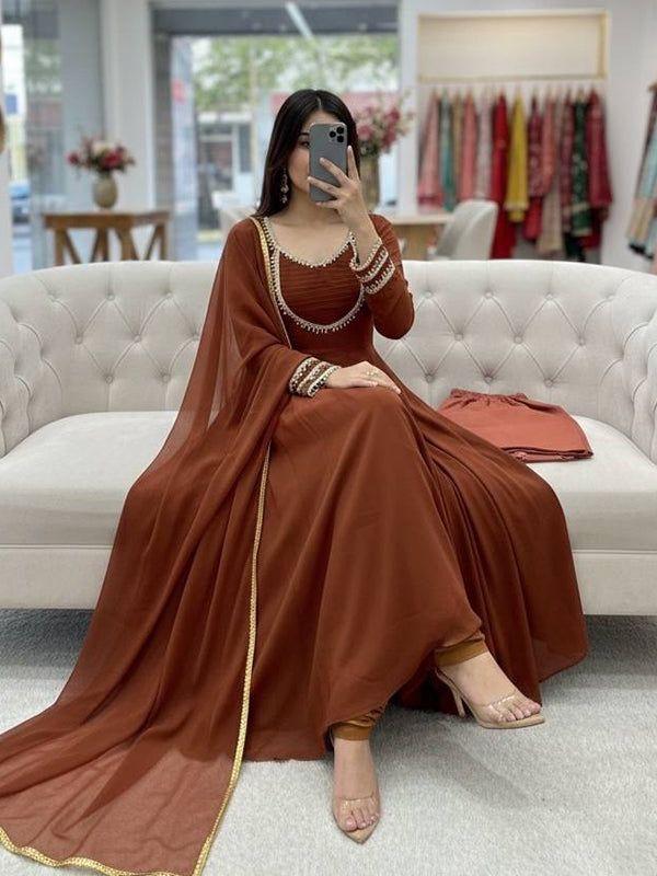Chocolate Brown Moti Hand Work Fox Georgette Gown With Dupatta ...