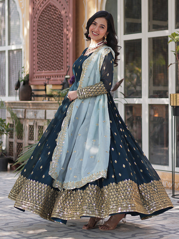 Teal Faux Blooming Sequins Embroidered Gown With Dupatta