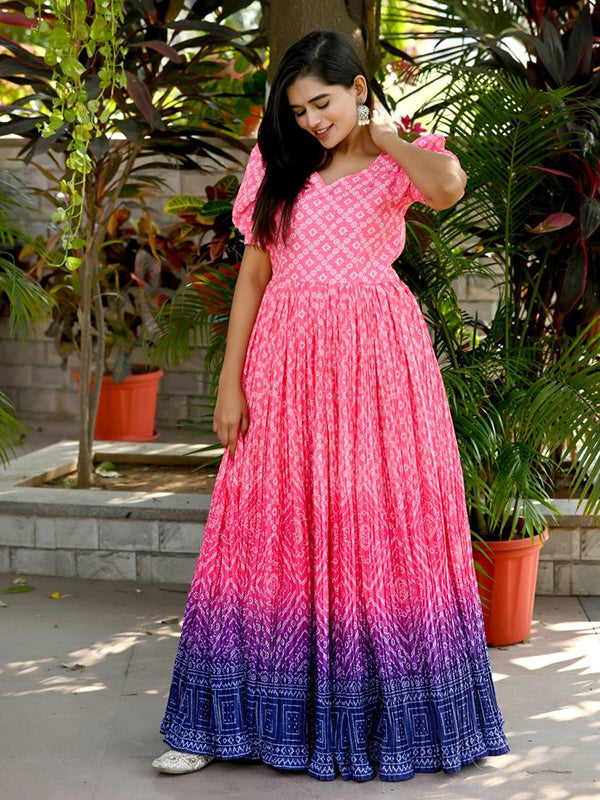 Light Pink Bandhej Printed Muslin Gown With Designer Sleeves