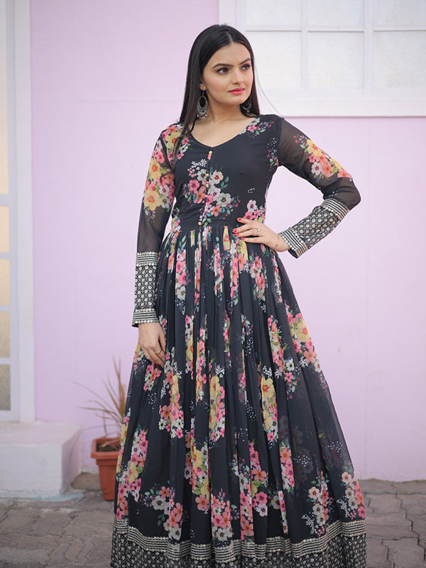 Black Printed Zari Sequins Embroidered Faux Georgette Gown