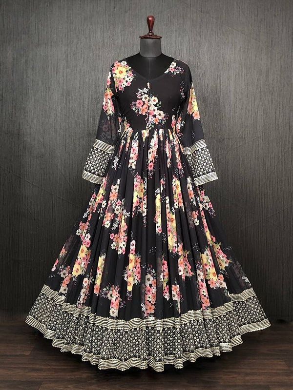 Black Printed Zari Sequins Embroidered Faux Georgette Gown
