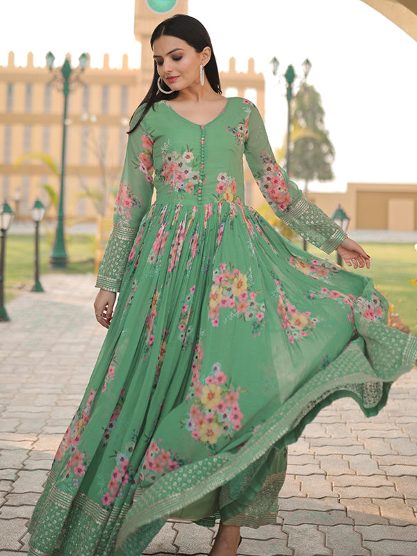 Pista Printed Zari Sequins Embroidered Faux Georgette Gown