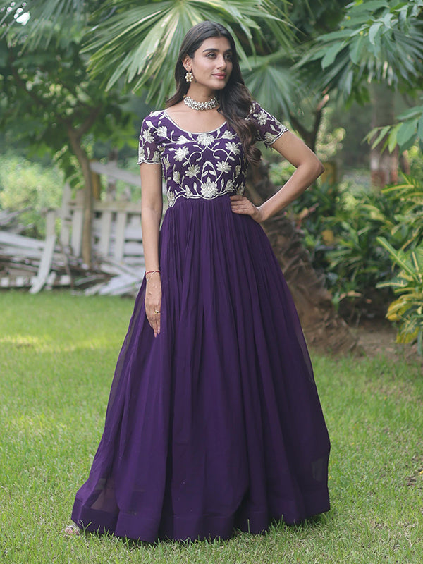 Purple Coding Sequins Embroidered Faux Blooming Gown