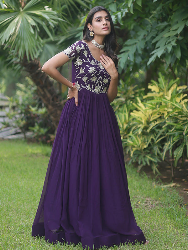 Purple Coding Sequins Embroidered Faux Blooming Gown