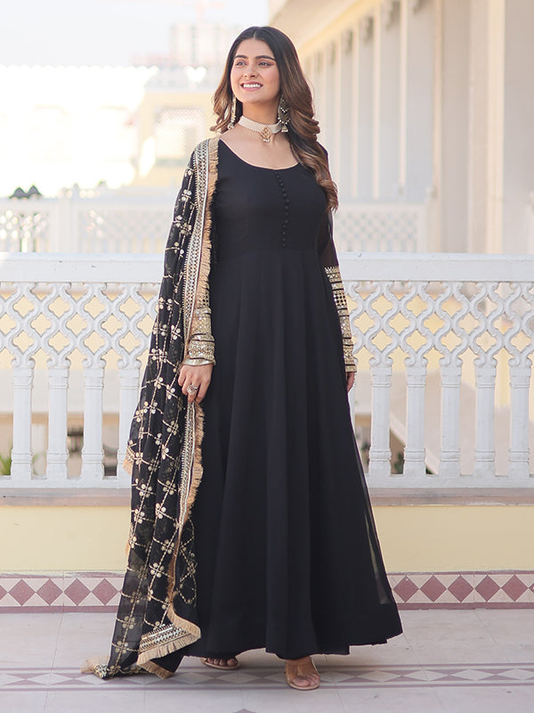 Black Sequins Embroidered Faux Blooming Gown With Designer Dupatta