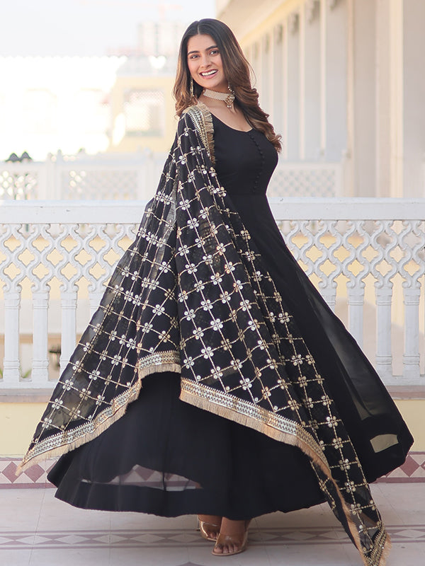Black Sequins Embroidered Faux Blooming Gown With Designer Dupatta
