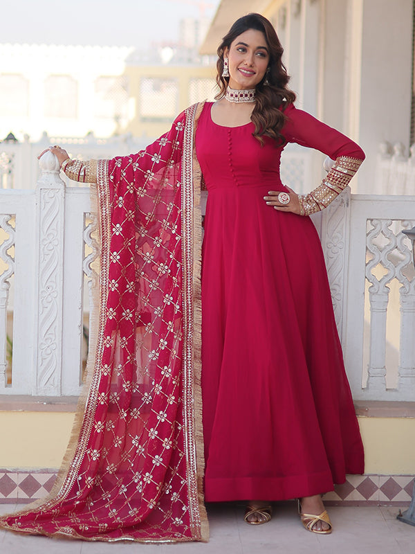 Bright Pink Sequins Embroidered Faux Blooming Gown With Designer Dupatta