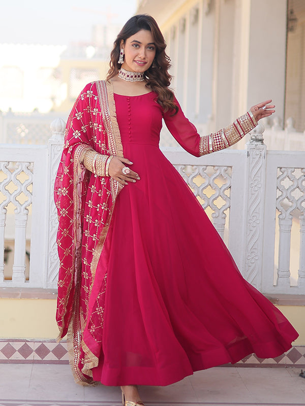 Bright Pink Sequins Embroidered Faux Blooming Gown With Designer Dupatta