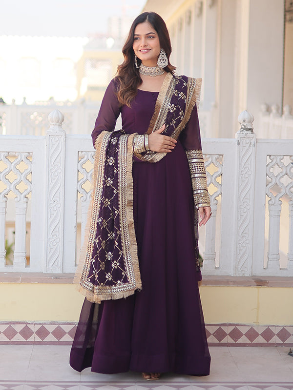Wine Sequins Embroidered Faux Blooming Gown With Designer Dupatta