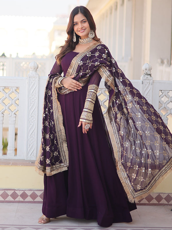 Wine Sequins Embroidered Faux Blooming Gown With Designer Dupatta