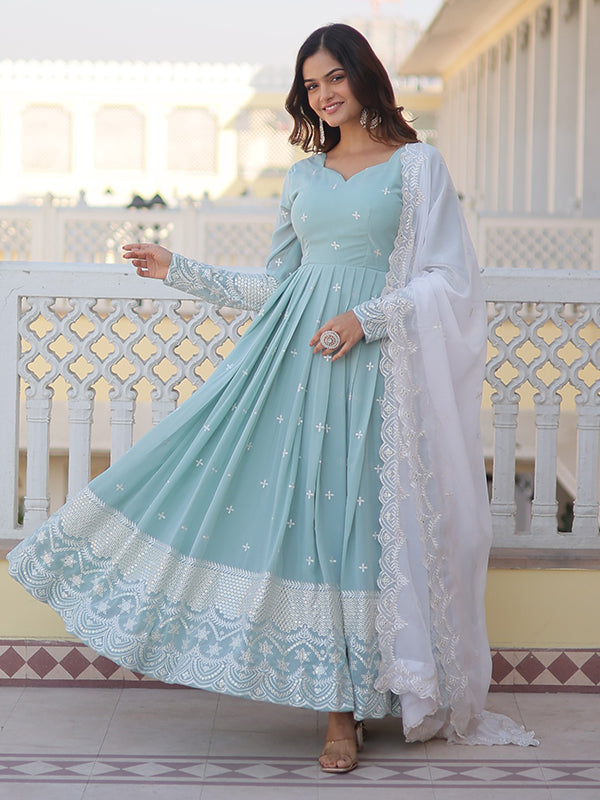 Sky Embroidered Zari Sequenced Faux Gown With Dupatta