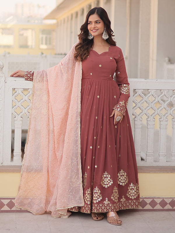 Chestnut Brown Embroidered Zari Sequenced Faux Gown With Dupatta