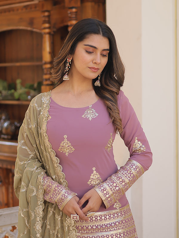 Onion Faux Georgette with Embroidery Sequins Kurti With Sharara Set