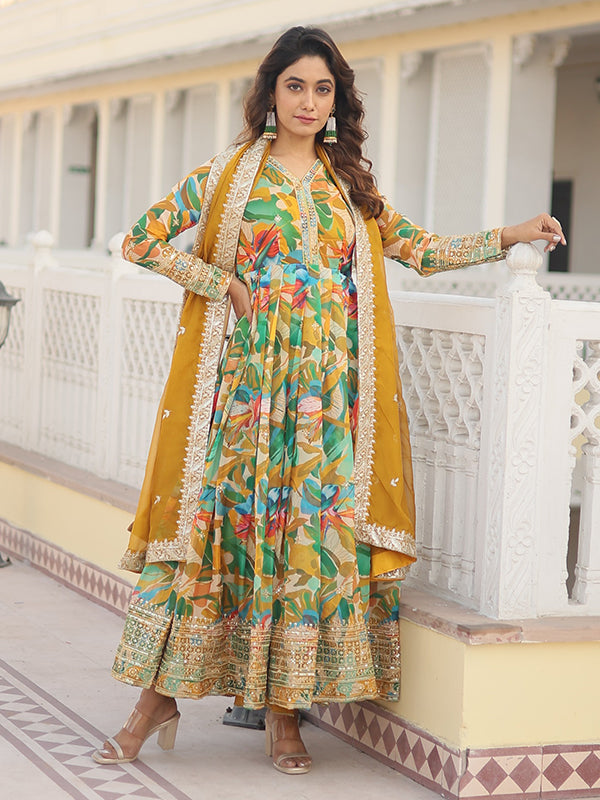 Parrot Green Alia Cut Printed & Zari Embroidered Gown With Dupatta Set
