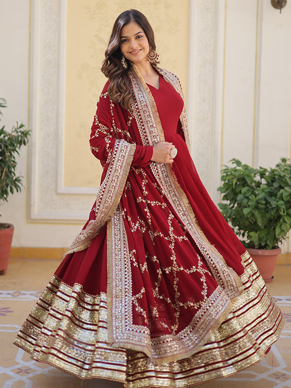 Maroon Embroidered Zari Sequins Faux Blooming Gown With Dupatta