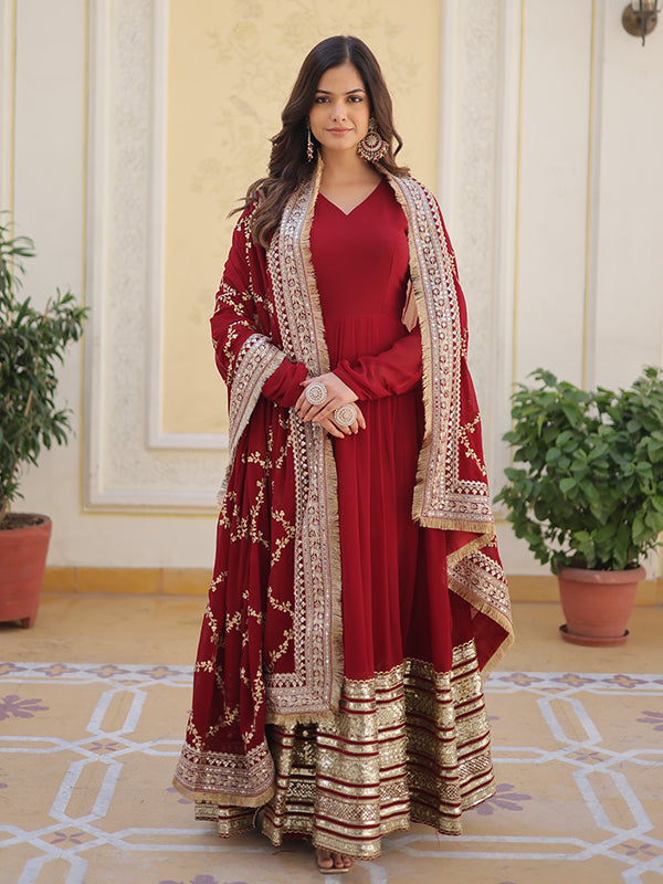 Maroon Embroidered Zari Sequins Faux Blooming Gown With Dupatta