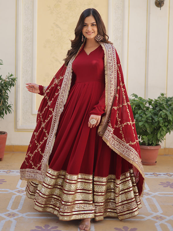 Maroon Embroidered Zari Sequins Faux Blooming Gown With Dupatta