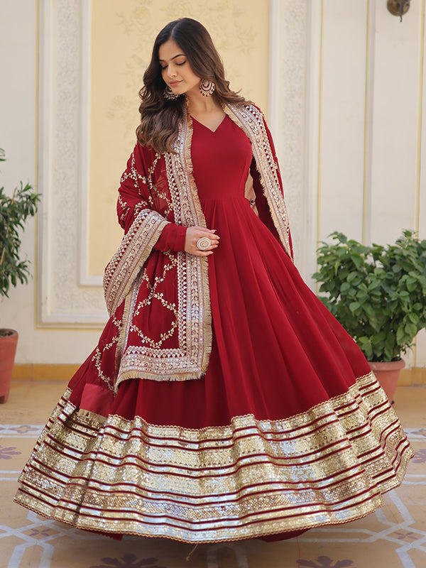 Maroon Embroidered Zari Sequins Faux Blooming Gown With Dupatta