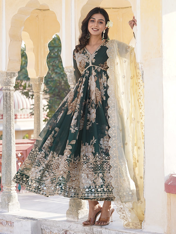 Dark Green Alia Cut Printed & Zari Embroidered Gown With Dupatta Set