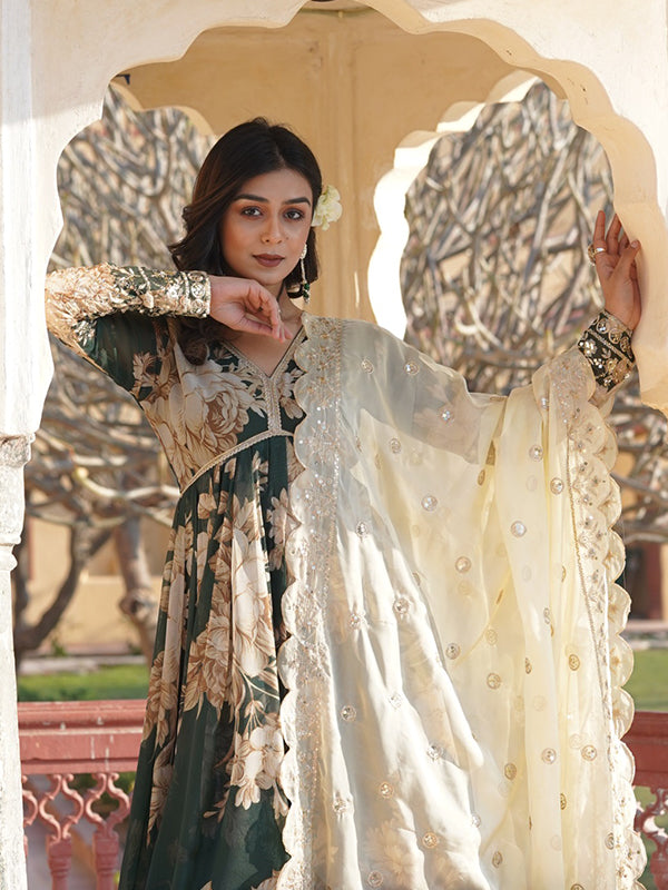 Dark Green Alia Cut Printed & Zari Embroidered Gown With Dupatta Set