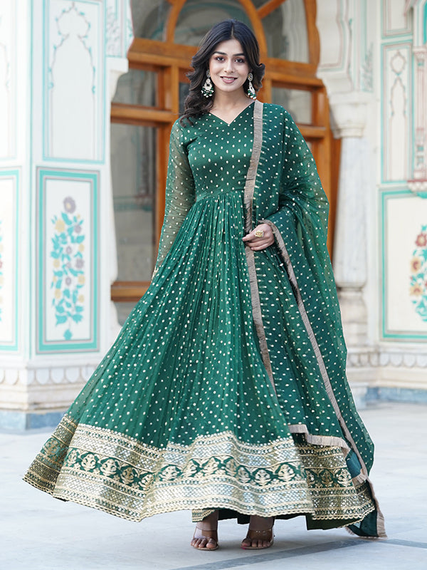 Green Jacquard Butti Partywear Gown With Dupatta