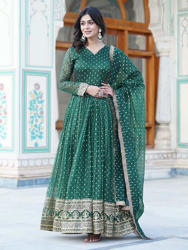 Green Jacquard Butti Partywear Gown With Dupatta