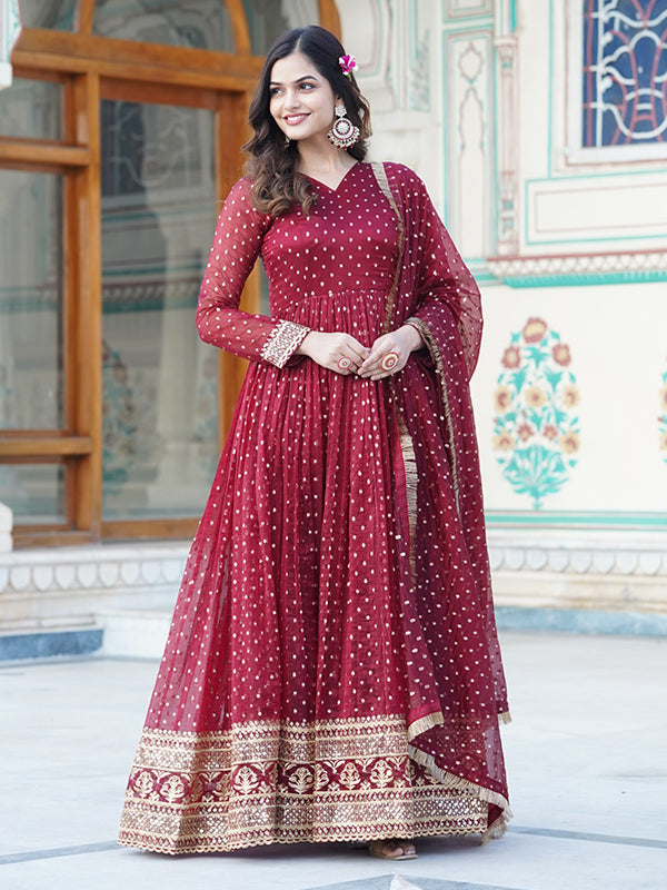 Maroon Jacquard Butti Partywear Gown With Dupatta