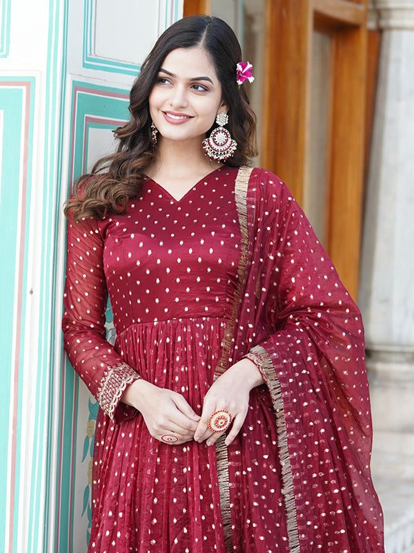 Maroon Jacquard Butti Partywear Gown With Dupatta