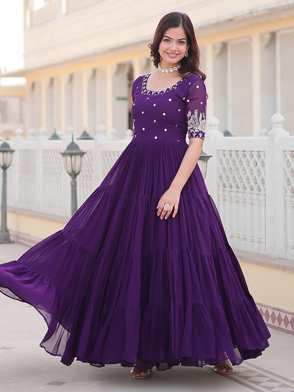 Purple Faux Blooming With Embroidery Zari Sequins Gown