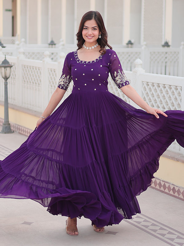 Purple Faux Blooming With Embroidery Zari Sequins Gown