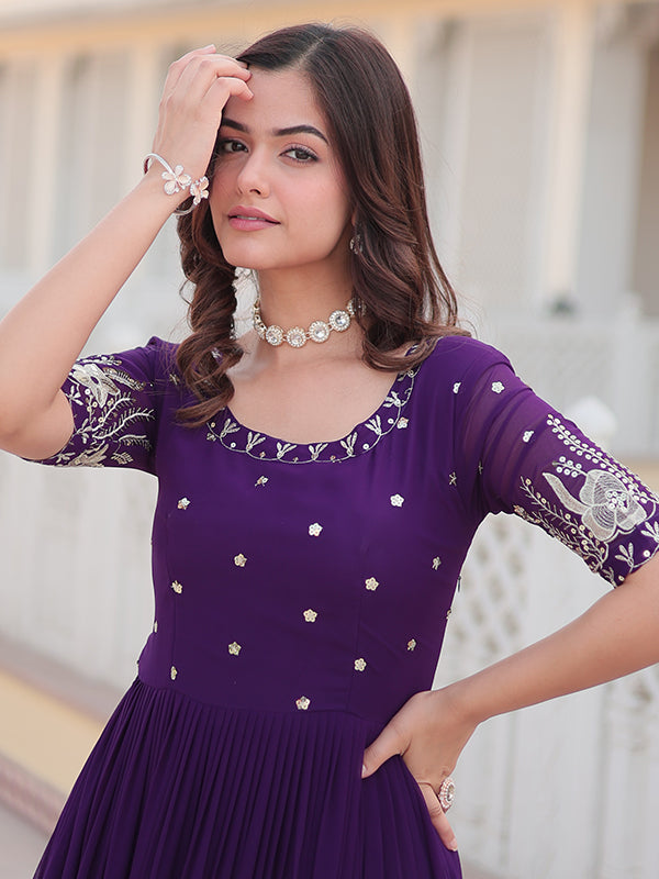 Purple Faux Blooming With Embroidery Zari Sequins Gown