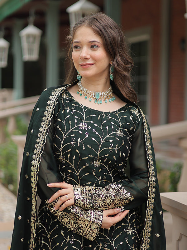 Green Rangoli Silk Embroidered Kurta With Sharara & Dupatta