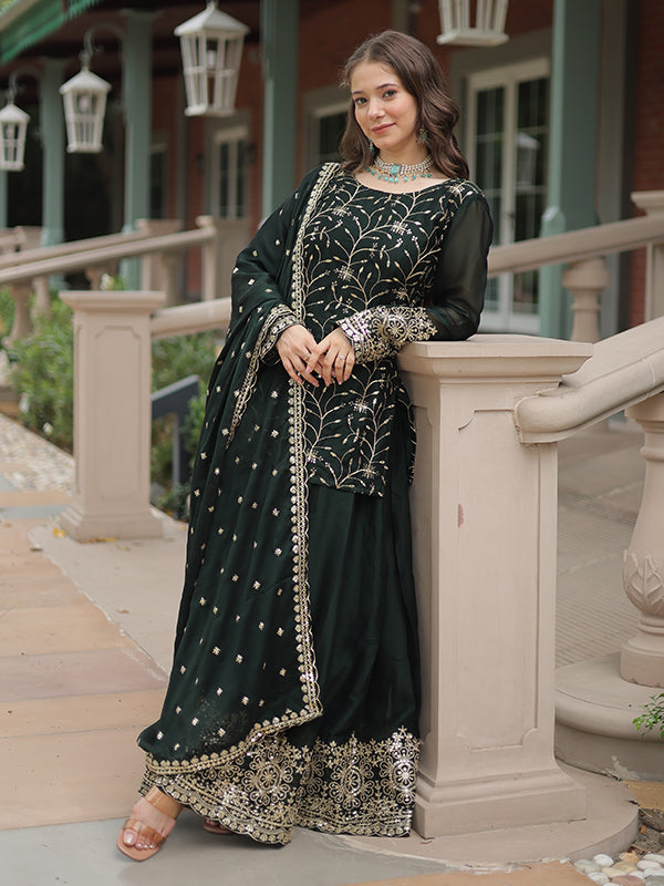 Green Rangoli Silk Embroidered Kurta With Sharara & Dupatta