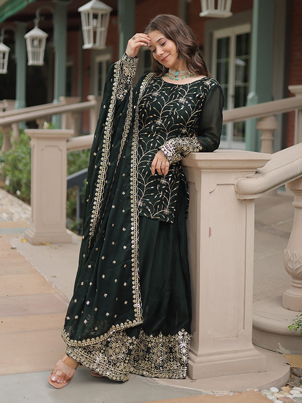 Green Rangoli Silk Embroidered Kurta With Sharara & Dupatta