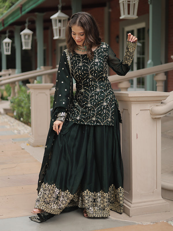 Green Rangoli Silk Embroidered Kurta With Sharara & Dupatta