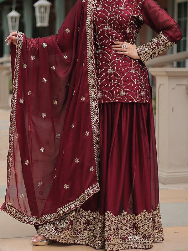 Maroon Rangoli Silk Embroidered Kurta With Sharara & Dupatta