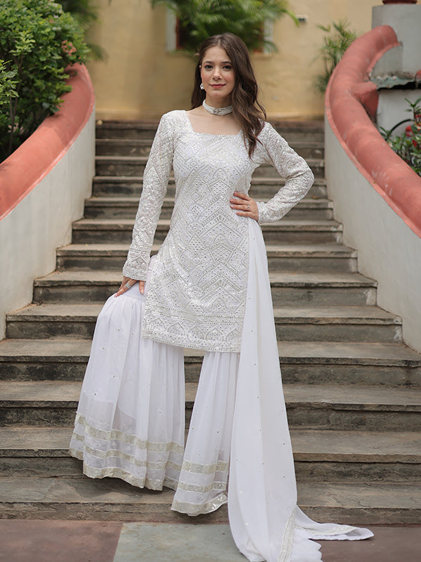 White Faux Georgette Embroidered Kurta With Sharara & Dupatta