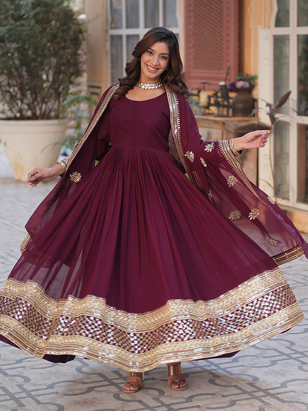 Maroon Wine Faux Blooming Sequins Embroidered Gown With Dupatta