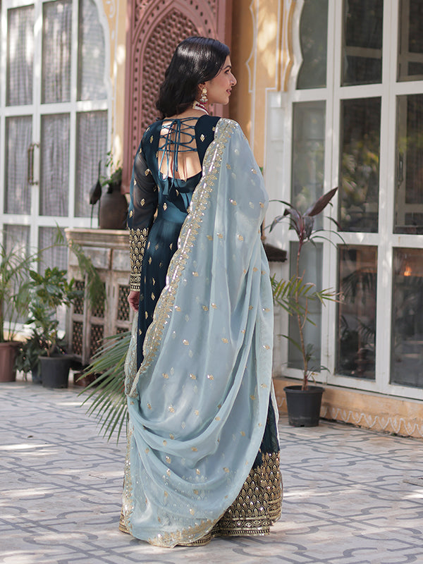 Teal Faux Blooming Sequins Embroidered Gown With Dupatta