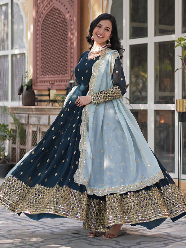 Teal Faux Blooming Sequins Embroidered Gown With Dupatta