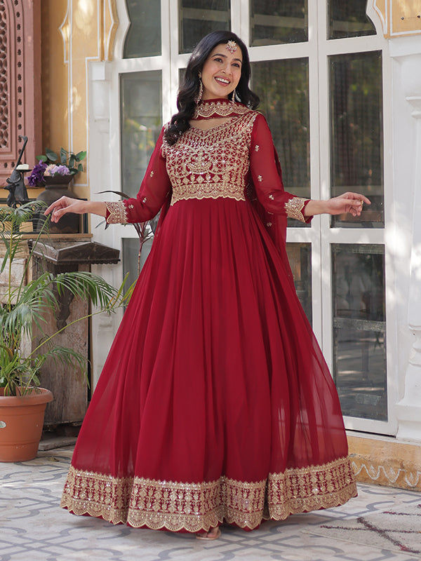 Maroon Faux Blooming Sequins Embroidered Gown With Dupatta