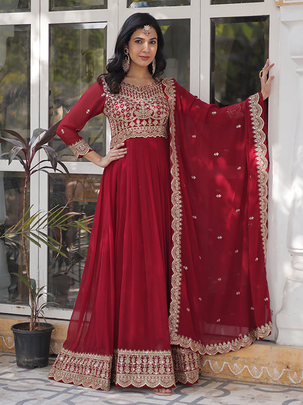 Maroon Faux Blooming Sequins Embroidered Gown With Dupatta